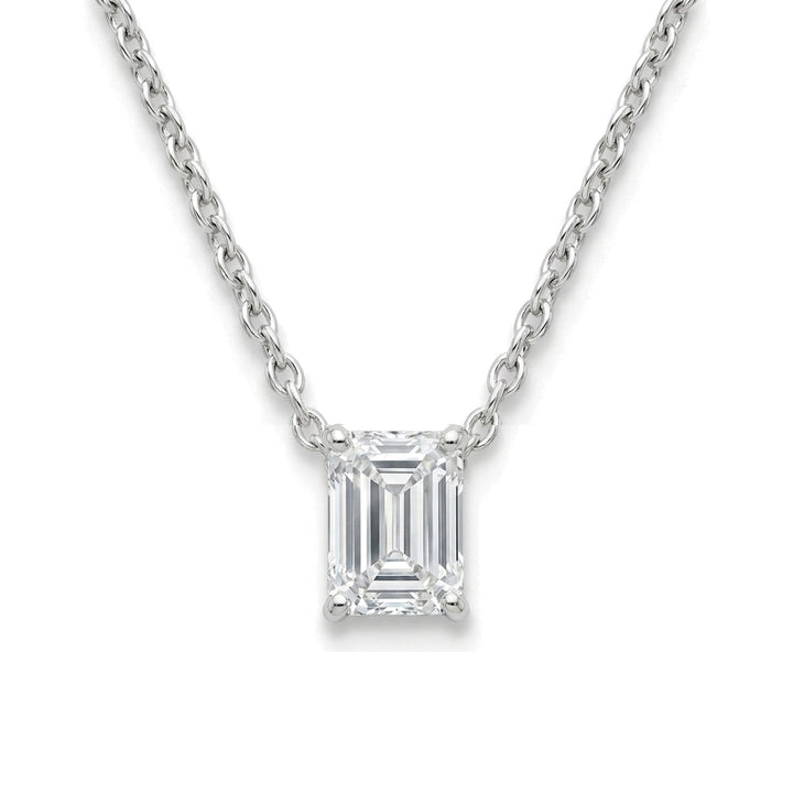 Natural emerald-cut diamond solitaire pendant, 1.00 ct, white gold, set directly on the chain. Creation Paul H