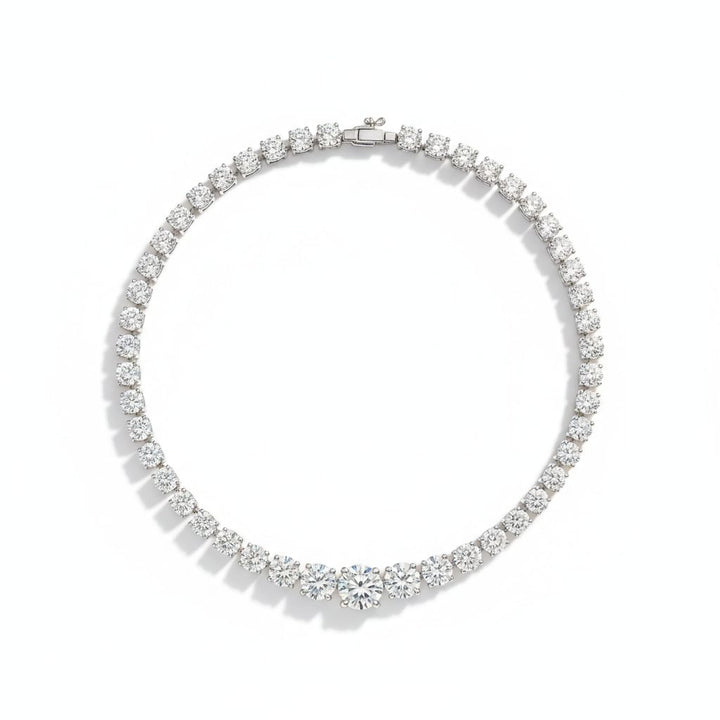 Graduated diamond necklace in white gold, lab-grown diamond, front view. Creation Paul H