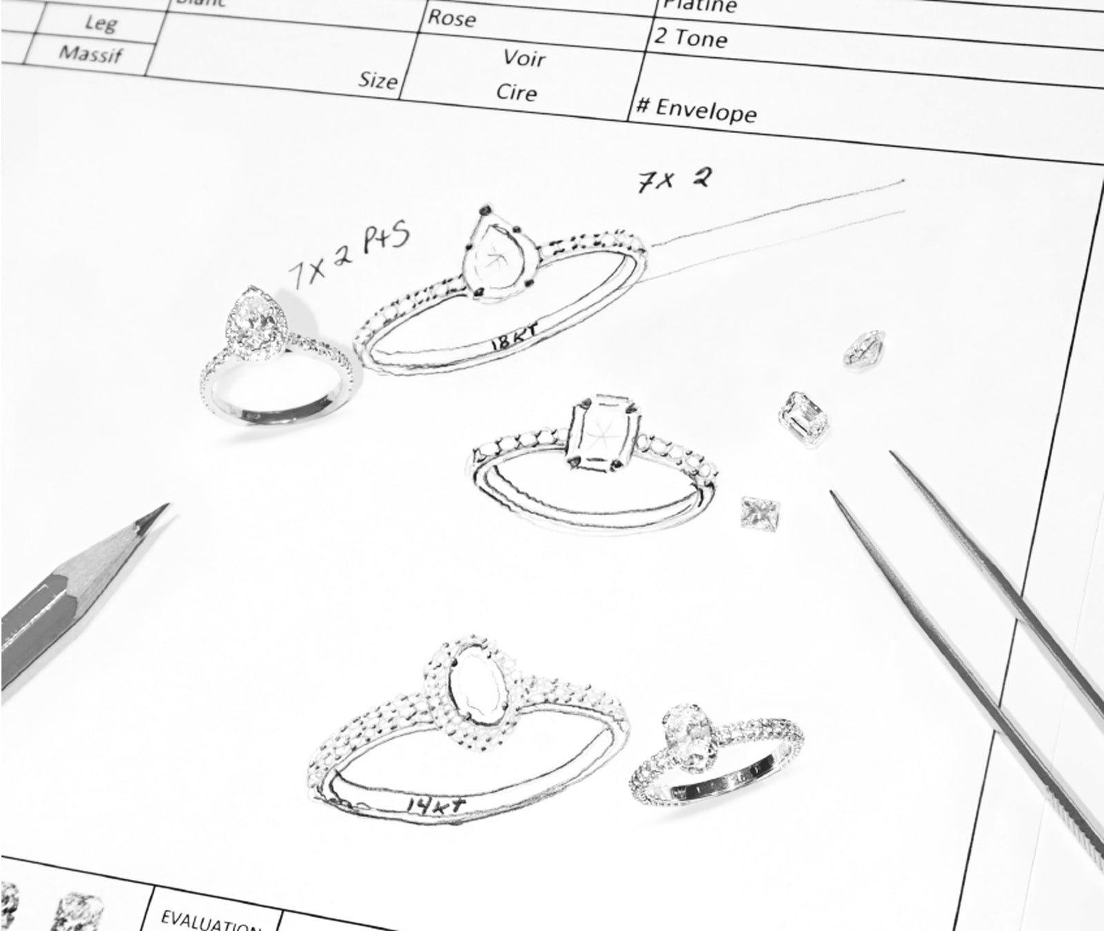 Hand-drawn ring sketches on a Creation Paul H custom order form, with pencil and loose diamonds