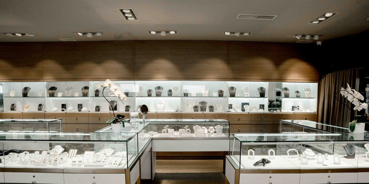 Wide view of the boutique floor and its jewelry counters