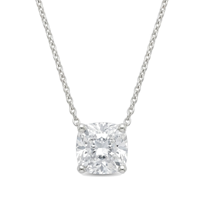 Lab-grown cushion diamond solitaire pendant, 1.00 ct, white gold, set directly on the chain. Creation Paul H