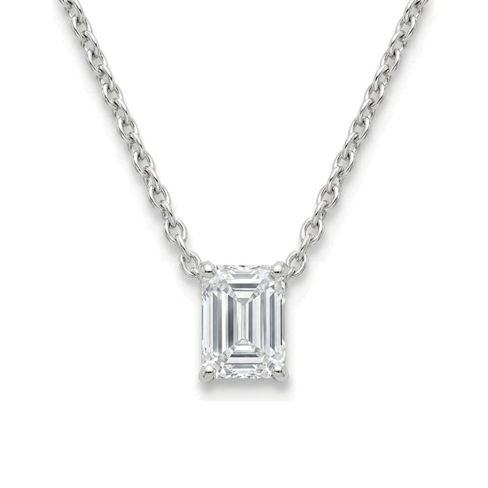 Natural emerald-cut diamond solitaire pendant, 1.00 ct, white gold, set directly on the chain. Creation Paul H