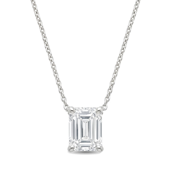 Lab-grown emerald-cut diamond solitaire pendant, 1.00 ct, white gold, set directly on the chain. Creation Paul H