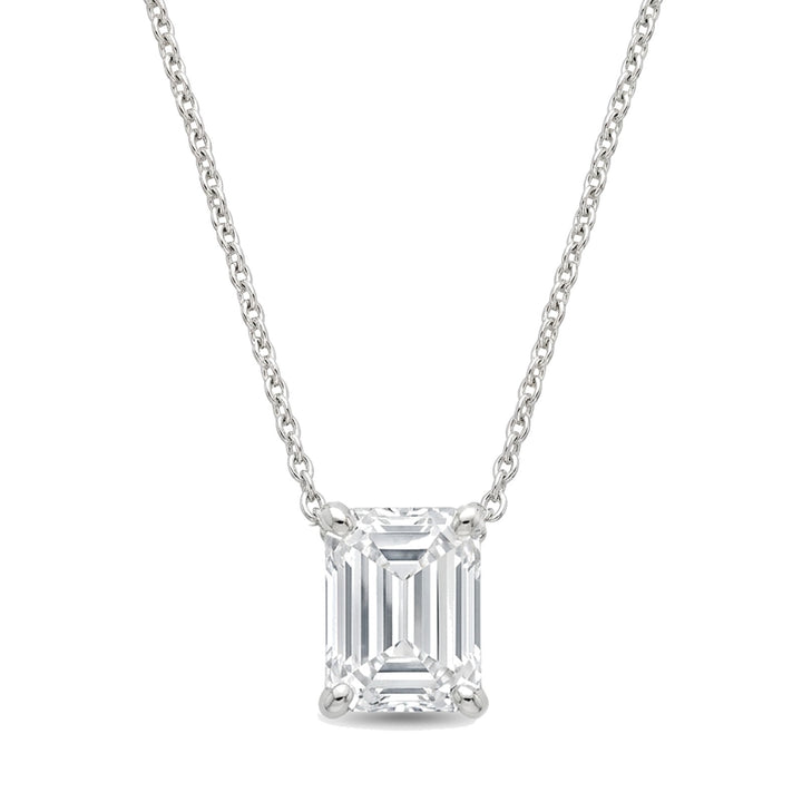 Lab-grown emerald-cut diamond solitaire pendant, 1.00 ct, white gold, set directly on the chain. Creation Paul H