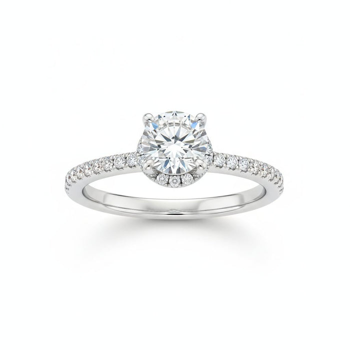 Hidden halo pave engagement ring in white gold, lab-grown diamond, front view. Creation Paul H