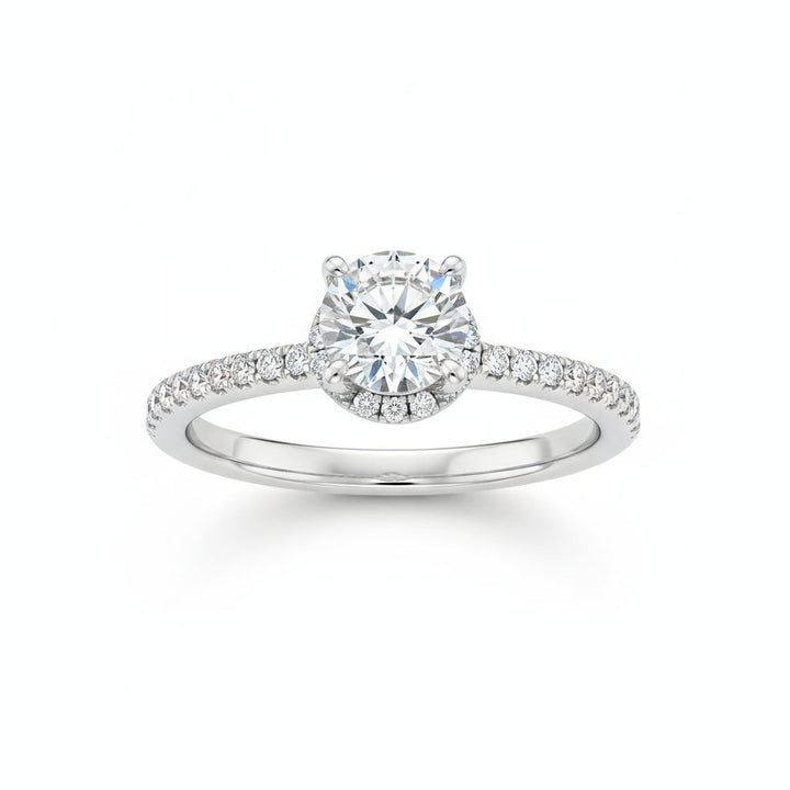 Hidden halo pave engagement ring in white gold, lab-grown diamond, front view. Creation Paul H