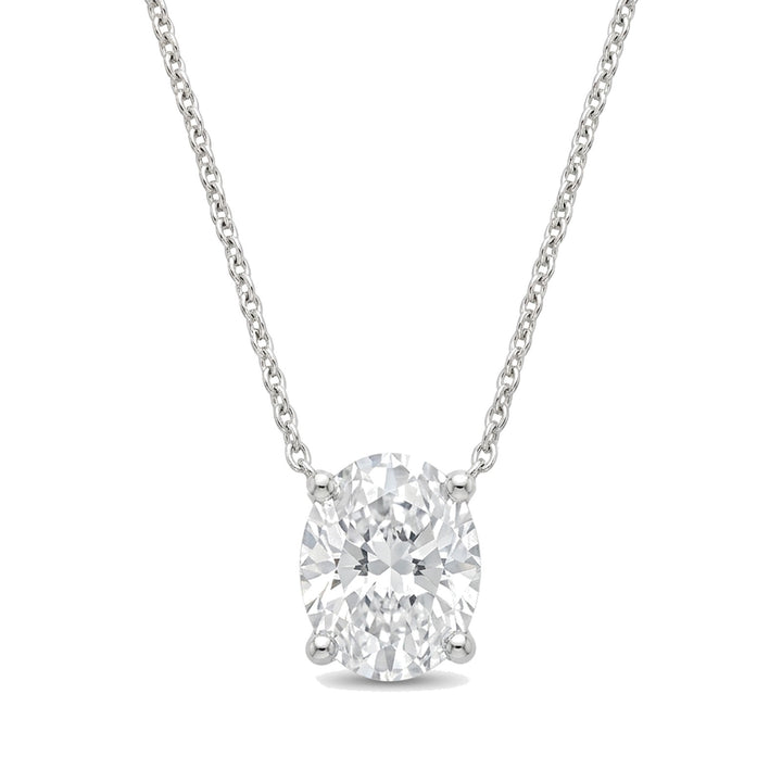 Lab-grown oval diamond solitaire pendant, 1.00 ct, white gold, set directly on the chain. Creation Paul H