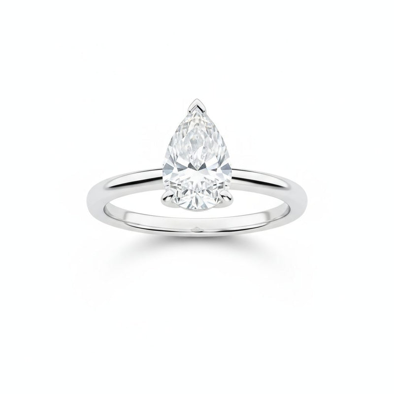 Pear solitaire engagement ring in white gold, lab-grown diamond, front view. Creation Paul H