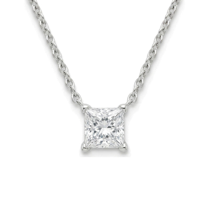 Natural princess diamond solitaire pendant, 1.00 ct, white gold, set directly on the chain. Creation Paul H