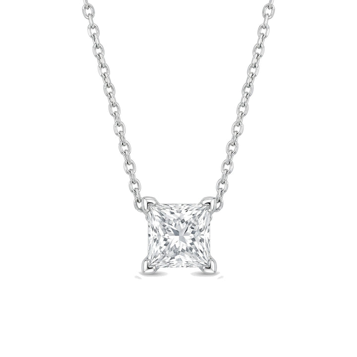 Lab-grown princess diamond solitaire pendant, 1.00 ct, white gold, set directly on the chain. Creation Paul H