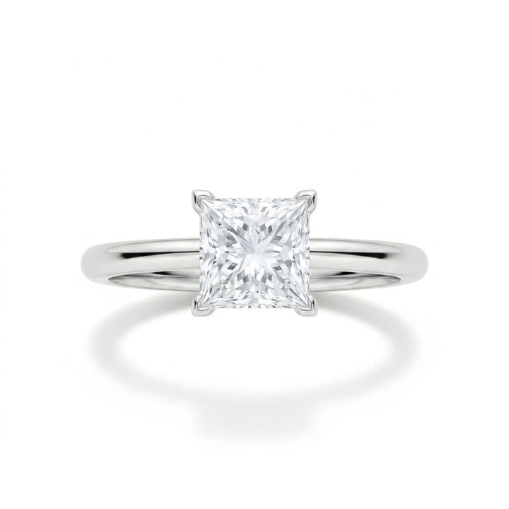 Princess solitaire engagement ring in white gold, lab-grown diamond, front view. Creation Paul H